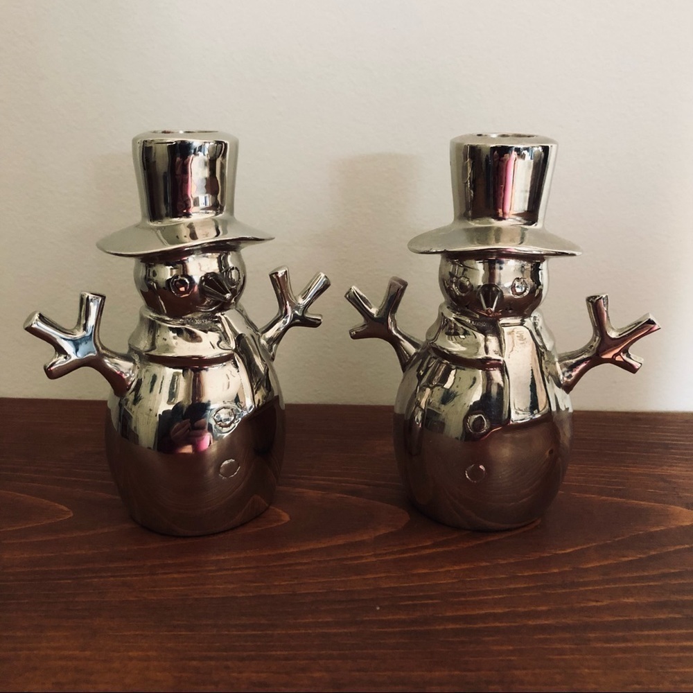 A Pair of Silver Snowmen Candle Stick Holders. Holidays, Christmas, Winter Light